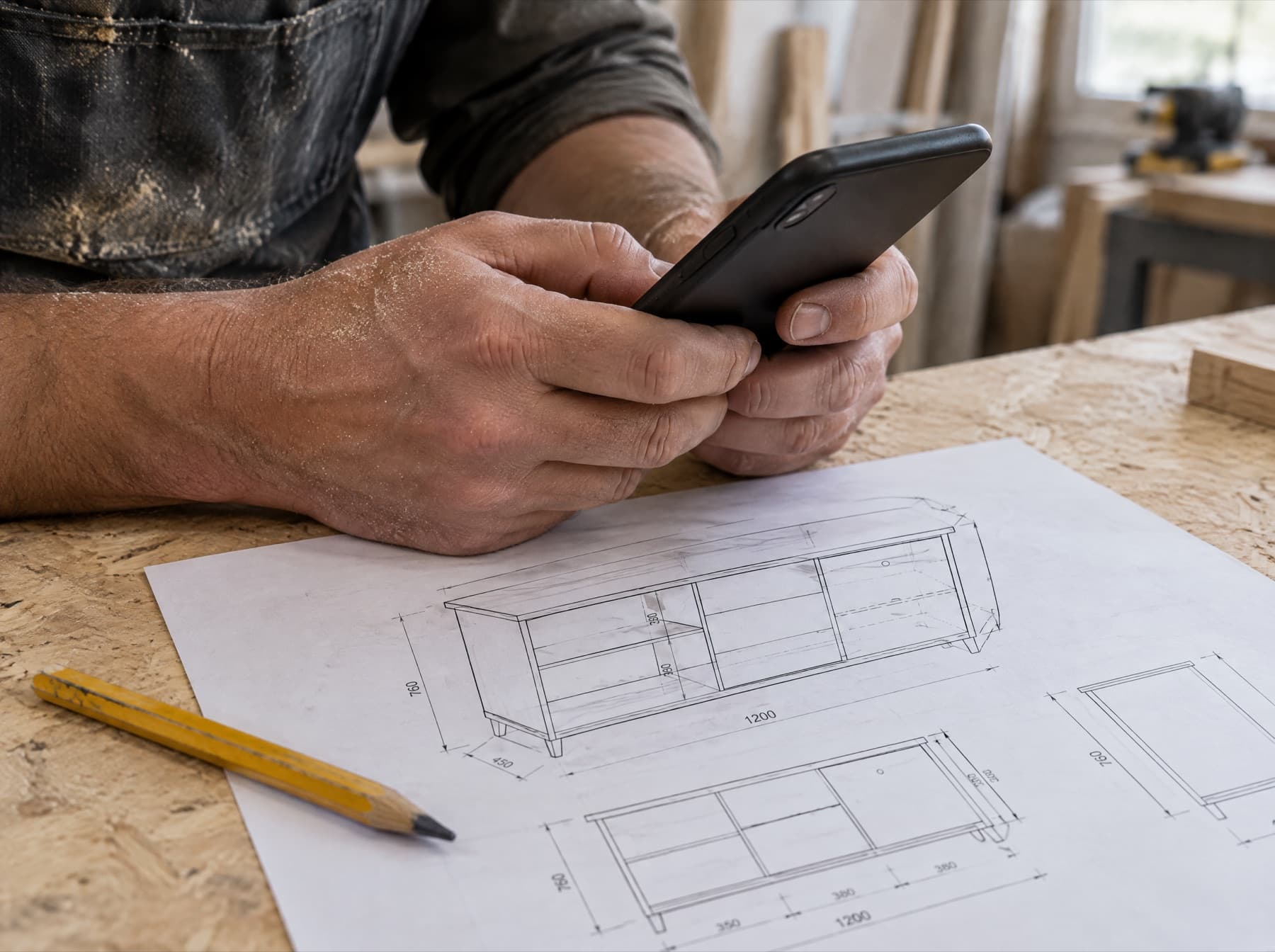 Mâinile unui tâmplar țin telefonul deasupra unei planșe de mobilier