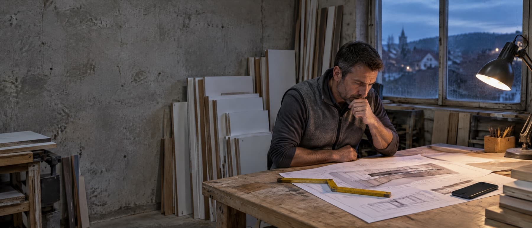 Seara, în atelier, proprietarul citește planșele unei bucătării sub o lampă